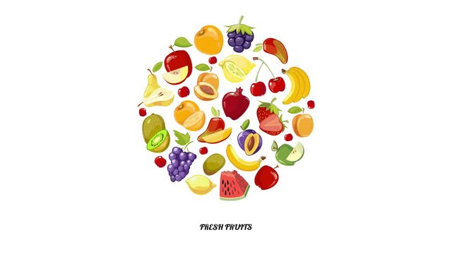 Fresh fruits circle animation. Fruits appear on white