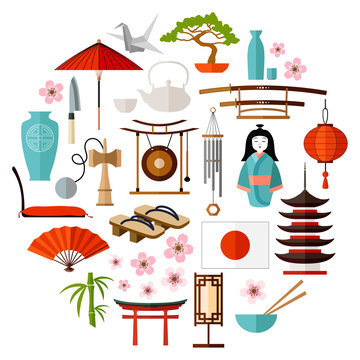 Traditional Japanese icon, attributes, symbol and symbol. Items for Japanese-style design. Vector illustration.