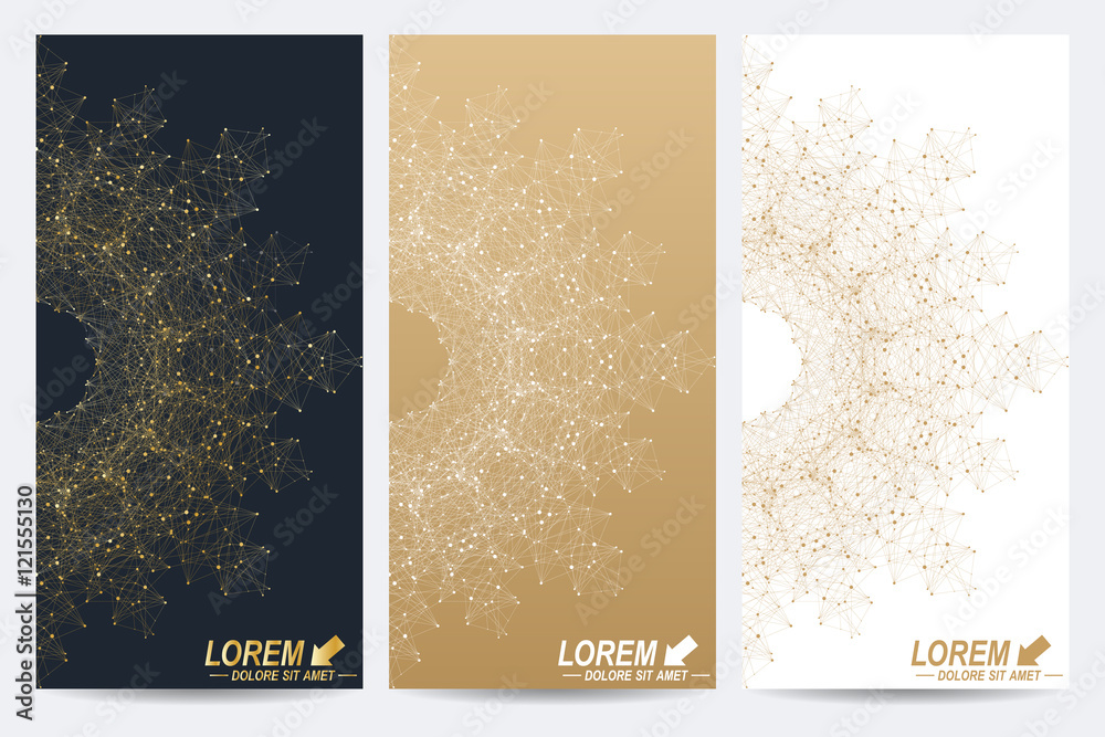 Poster modern set of vector flyers. geometric abstract presentation with golden mandala. molecule and commu