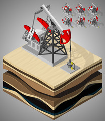 Vector isometric illustration of set of oil pumping units on oil field development. Equipment for oil and gas industry.