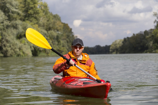 Kayaking on the river.