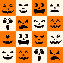 Fototapeta premium Seamless pattern with black halloween pumpkins carved faces silhouettes on checkerboard background. Vector illustration
