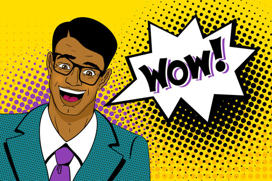 Wow pop art man. Happy young handsome surprised  man in glasses and suit with open mouth, with dark skin and speech bubble. Vector colorful cartoon background in pop art retro comic style. 