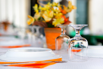 tableware in the restaurant - glasses upside-down