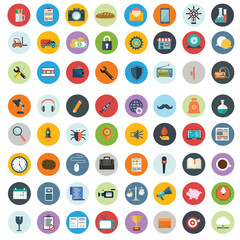 Flat icons design modern vector illustration big set of various financial service items, web and technology development, business management symbol, marketing items and office equipment on background.