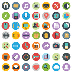 Flat icons design modern vector illustration big set of various financial service items, web and technology development, business management symbol, marketing items and office equipment on background.
