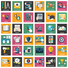 Icons of digital marketing, video advertising, social media campaign, newsletter promotion, pay per click service, website seo optimization