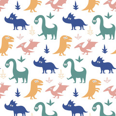 Seamless pattern with cartoon dinosaurs.