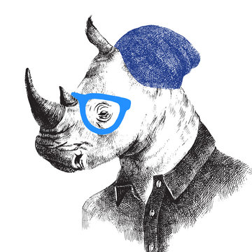 Hand drawn rhino in hipster style