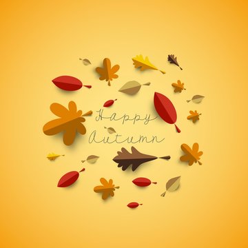 Autumn papercut illustration with abstract colorful leafs and tr