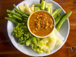 Thai chili paste with mix of fresh vegetables, Thailand food nam