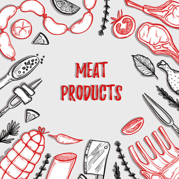 Hand drawn vector illustration - Meat products 