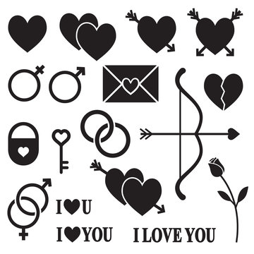 Romantic love vector silhouette icons set