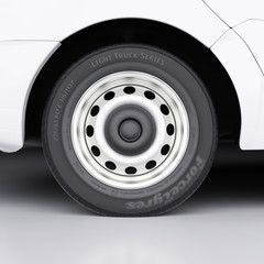 Van wheel with abstract label close-up 3d illustration