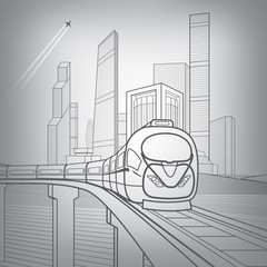 Train move on the bridge. Business center, architecture, transport and urban illustration, silver city, skyscrapers and towers, vector design art