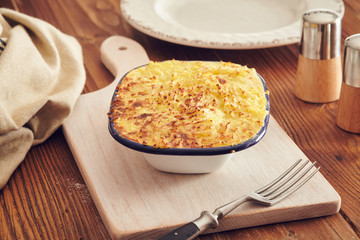 Traditional british handmade cottage pie in a country style