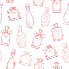 Hand drawn vector seamless pattern - french perfume. Outline 