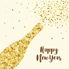 Glamour golden glitter champagne bottle opening as Happy New Year card © C Design Studio