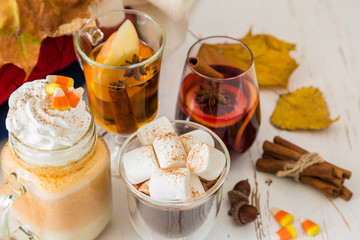 Selection of autumn drinks on wood background