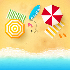 Vector beach with waves, umbrellas, bright towels and blue surfing board - 121561582