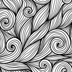 Black doodle hair waves vector seamless pattern