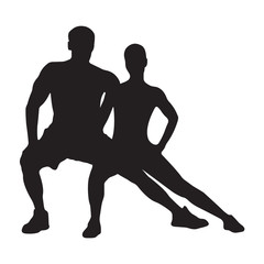 Muscled man and woman black silhouettes isolated on white background. Fitness symbol or label.  Vector illustration.
