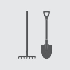 Shovel and rake icon or sign. Gardening tools design. Vector illustration.