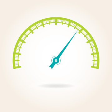 Speedometer icon or sign with arrow. Infographic gauge element. Colorful vector illustration.