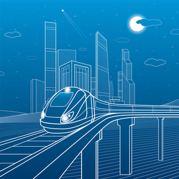 Train move on the bridge. Business center, architecture, transport and urban illustration, neon city, white lines on blue background, skyscrapers and towers, vector design art