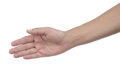 Female hand reaching out for a handshake isolated on white background. 
