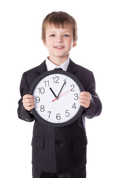 Time Management Concept - Little Boy In Business Suit With Offic