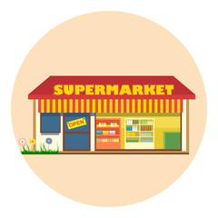 Digital vector super market building icon with open storefront and product shelves, flat style