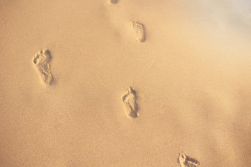 Fototapeta na wymiar Footprints in the sand. Human footprints leading away from the viewer. A row of footprints in the sand on a beach in the summertime. Sun, sun haze, glare. Copy space