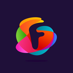Letter F logo at colorful multicolor splash background.