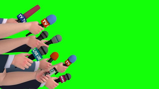 Journalist interview with microphones, side view, 3D animation, green screen