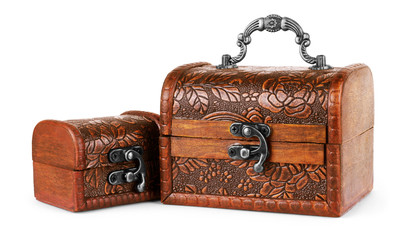 wooden stacked chests, isolated on white background