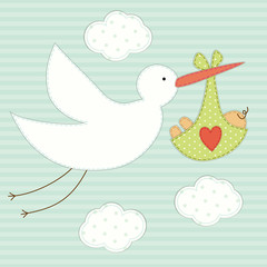 Cute baby shower card as retro fabric patch applique of stork and newborn baby