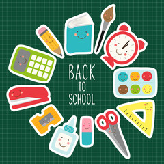 Cute childish Back to School supplies as smiling cartoon characters for your decoration