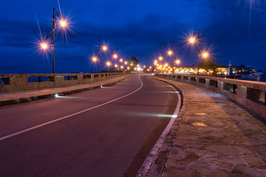 Ancient town of Nesebar UNESCO - protected. Road, night lights, windmill