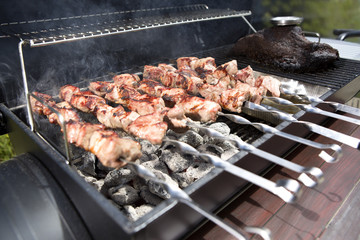 Grilling shashlik on a barbeque grill outdoor