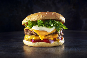 Double cheese burger photographed in a metal background