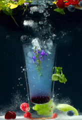 Drink. Berries, herbs, flowers, ice floating in the air.