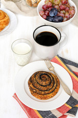 Breakfast with biscuits, chocolate, fruit and coffee milk