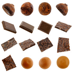 Candies collection. Truffles, toffee and chocolate isolated on w