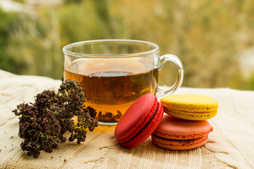 Fresh colorful macaroons with a cup of tea on warm knitted sweater.