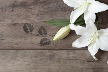 Floral frame with white lilies on wooden background. Styled marketing photography. Copy space....