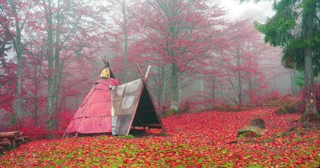 Wigwam in the autumn forest