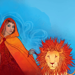 Illustration of leo zodiac sign as a beautiful girl with a lion on a lead