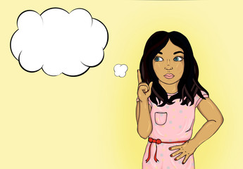 thoughtful girl points with the index finger up. 