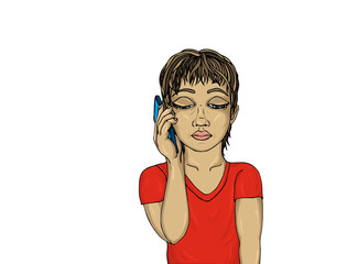 Naklejka premium Sad boy talking on the phone. He listens and looks downwards.
